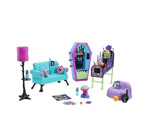Monster High - Sala Studio, Playset con 2 mostramici e mobili per la casa delle bambole, 15+ accessori a tema e distributore automatico funzionante inclusi, giocattolo per bambini, 4+ anni, HRP57
