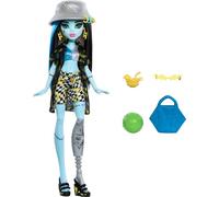 Monster High Scare-Adise Island Frankie - Doll con costume da bagno, copertura e accessori da spiaggia, cappello da pallavolo e tote