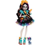 Monster High - Skelita Calaveras, bambola in coloratissimo abito in papel picado con cagnolina Candelita e 7 accessori inclusi tra cui blocco da disegno, snack e borsa Messenger, 4+ anni, JHK34