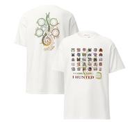 Monster Hunter Wilds - Maglietta double-face con scritta "I Came I Saw I Hunted", con icone dei mostri e retro simbolico, abbigliamento da gamer in cotone unisex, Bianco, XL
