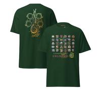 Monster Hunter Wilds - Maglietta double-face con scritta "I Came I Saw I Hunted", con icone dei mostri e retro simbolico, abbigliamento da gamer in cotone unisex, Verde Bosco, S