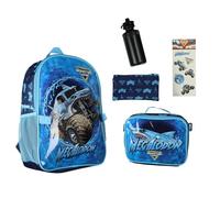 Monster Jam Megalodon - Zaino da 5 pezzi, con portapranzo staccabile, astuccio e adesivi