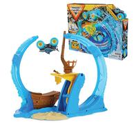 MONSTER JAM, Set di Gioco per Acrobazie per Veicoli in Scala 1:64, 3+ Anni | Scala 1:64, Giro Della Morte Regolabile, Salto Oltre Gli Ostacoli, Bandierina Traguardo, Veicolo Megalodon In Metallo