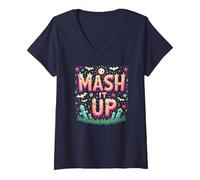 Monster Mash It Up, Divertente Festa di Halloween Maglietta con Collo a V, Donna, Navy, S