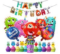 Monster Party Palloncini decorativi per compleanni, palloncini con mostri, con mostro, scritta in lingua tedesca "Alles Gute zum Geburtstag Banner,Monster Kuchdeckel" in pellicola per compleanno per