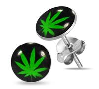 MONSTER PIERCING Orecchino a bottone in argento Sterling 925 con immagine logo a foglia di marijuana su sfondo nero, Argento sterling