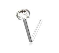 Monster Piercing - PIercing Naso. Stud a Bottone con Barra piegata a L in Oro Bianco a 9 Carati. Punto Luce: Zirconia Rotonda Chiara da 2 mm. Calibro: 22 Gauge (0,6 mm). Ipoallergenico