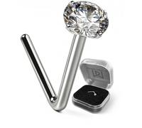 Monster Piercing - PIercing Naso. Stud a Bottone con Barra piegata a L in Oro Bianco a 9 Carati. Punto Luce: Zirconia Rotonda Chiara da 2 mm. Calibro: 22 Gauge (0,6 mm). Ipoallergenico