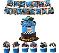 Monster Truck Decorazioni Per Torta,40 Pezzi Monster Truck Cake Topper Decorazioni Torte Di Camion Auto Happy Birthday Cake Topper Striscione Cars Cupcake Topper Per Compleanno Bambini