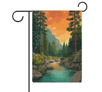 Montagna E Fiume Paesaggio Pini Tramonto Giardino Bandiera Stagionale Vacanza Burlap Doppio Lato Casa Yard Bandiere Esterne 32X47 CM
