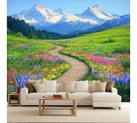 Montagna Innevata Carta da Parati Murale, 3D Strada Di Assi Di Legno Fiori Opaco Spessa Fotomurali, Soggiorno Wallpaper in Tessuto Non Tessuto, Camera da letto Poster Gigante Murale 250 x 175 CM