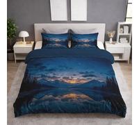 Montagna Innevata Riflesso Cielo Stellato Foresta Lusso Confortevole Fantasia Paesaggio Surreale Maestoso Sereno Etereo Set Copripiumino Dark Blue Morbida, 140 x 190 Copripiumini für Adulti