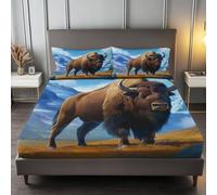Montagne Di Bisonti Animali Lenzuola Una Piazza e Mezza con Angoli Blu, 180 x 200 cm Lenzuola in Microfibra con Angolo Fino a 30 cm, Set completo da letto con 2 federe