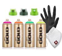 Montana GOLD - Set di bombolette spray da 400 ml, 4 colori, verde neon, rosa, arancione, giallo, con 3 testine spray, maschera protettiva e guanto in nitrile, per graffiti, street art e fai da te