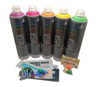Montana Mega Colors, set di 6 bombolette spray da 600 ml, colori assortiti, con accessori
