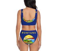 Montana State Flag Bikini Set Costume Da Bagno Due Pezzi Set per Le Donne Con Pantaloncini Due Pezzi Costume Da Bagno Halter Collo, Nero , S