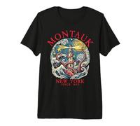 Montauk New York Octopus Lighthouse dal 1693 Lettere Rosse Maglietta Premium