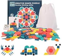 MonteSpi Tangram - Puzzle in legno a forma geometrica per bambini, con blocchi di legno, un primo puzzle Montessori con 180 forme geometriche e 24 carte di design