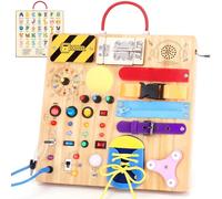 Montessori Busy Board 23 in 1 per bambini a partire da 1 anno, giocattolo in legno con 15 interruttori, 26 luci LED, scatola musicale, chiusura lampo e lucchetto, giocattolo sensoriale per bambini da