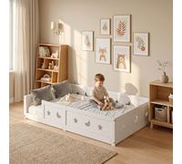 Montessori, lettino da pavimento 90 x 200 cm, con protezione anti-caduta e rete a doghe, design a stelle e lunari, Toddler Bed, per ragazzi e ragazze, in legno di pino massiccio, bianco (bianco A01