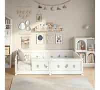 Montessori Letto a pavimento per bambini, 90 x 200 cm, letto a sbarre, stelle e lune, letto caban con rete a doghe, letto singolo 90 x 200 cm, letto per bambini in legno massiccio pino, ragazzi e