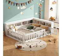 Montessori Letto a Terra per Bambini 140 x 190CM, Comodino con Vano Contenitore, Presa e USB, letto Piazza e Mezza per Bambini, Struttura letto in Legno Massiccio, con Rete a doghe (Senza Materasso)