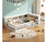 Montessori Letto a Terra per Bambini 90 x 200CM, Comodino con Vano Contenitore, Presa e USB, letto Piazza e Mezza per Bambini, Struttura letto in Legno Massiccio, con Rete a doghe (Senza Materasso)