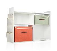 Montessori Libreria per bambini, libreria per la cameretta dei bambini, organizer per libri, in legno ecologico, espandibile 2 in 1, organizer per giocattoli, 2 contenitori in tessuto (bianco)