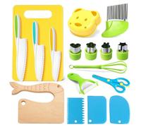 Montessori - Set di 17 utensili da cucina per bambini, con coltello per bambini, tagliere e sbucciare, per frutta, pane, verdure,