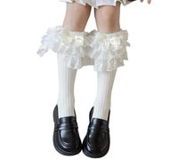 Montesy Calzini traspiranti per bambini Bowknot Charm a righe larghe polsini elasticizzati Tessuto di cotone pettinato per abiti primaverili autunnali Calzini impilabili per bambini, Beige, Taglia