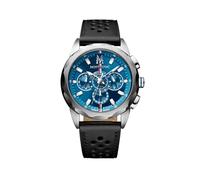 Montignac - Orologio da uomo cronografo al quarzo - Cassa in acciaio argentato 42 mm - Quadrante blu Ispirazione automobilistica - Cinturino in pelle nera perforata - Movimento Seiko - Display 24 ore