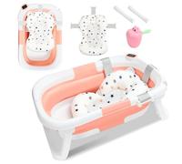 Monucep Vasca da bagno pieghevole, con termometro e tappetino da bagno, pieghevole, con bicchiere per lavare i capelli e tappetino antiscivolo, per neonati, colore: rosa