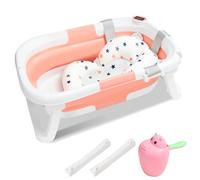 Monucep Vasca da bagno pieghevole con termometro integrato e bicchiere per lavare i capelli, vasca portatile per neonati fino a bambini con tappetino antiscivolo e foro di scarico, rosa