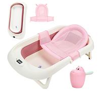 Monucep Vasca da bagno pieghevole per bambini, con termometro integrato e bicchierino, 50 l, per bambini da 0 a 6 anni, rosa