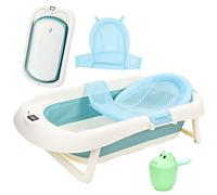 Monucep Vasca da bagno pieghevole per bambini, con termometro integrato e bicchierino, 50 l, per bambini da 0 a 6 anni, verde