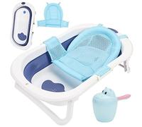 Monucep Vasca da bagno pieghevole per bambini, con termometro integrato e bicchierino, 50 l, per bambini da 0 a 6 anni, blu