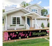 Moo Moos & Margaritas Decorazioni per feste Banner da cortile - Stampa leopardata pigiama Margarita Outdoor Yard Sign, sfondo di compleanno a tema Margarita rosa verde, per donne addio al nubilato