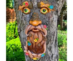 Mood Lab Decorazione per il viso dell'albero - Mangiatoia per uccelli da esterno - Decorazione per viso di vecchio uomo con fiori - Abbracciatore da giardino - Statue artistiche da cortile