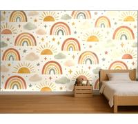 MOOGCO Carta da parati murale Arcobaleni, Soli e Nuvole Boho, Adesiva Staccabile per Camera dei Bambini, Acquerello per Cameretta su Misura, 180 x 100 in