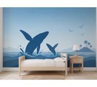 MOOGCO Carta da parati murale Balene Blu, adesiva staccabile per camera dei bambini, paesaggio a sagome sovrapposte per cameretta, 60 x 40 in