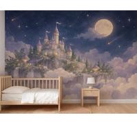 MOOGCO Carta da parati murale Castello Fatato nel Cielo Notturno, murale adesivo staccabile per cameretta, acquerello per camerette neonato su misura, 60 x 40 in