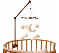 MOOGCO Crib Mobile Arm with Boucle Moon Cloud Star Mobile, 35.4 Inch Wooden Baby Holder Set, Cloud Clamp, Only Wood Touches Your Crib, Handmade, Walnut Color