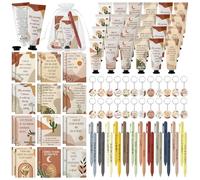 Mooliwe Set regalo Boho Affirmation da 96 pezzi all'ingrosso - 24 mini quaderni ispiratori, 24 penne a sfera, 24 portachiavi di affermazione, 24 tubi di crema per le mani con 24 sacchetti di organza