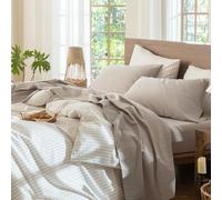 MooMee Set di biancheria da letto 100% cotone lavato, lino strutturato, traspirante, durevole, morbido, confortevole (verde crema, king-size)