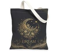 Moon - Borsa tote in tela da donna, bohémien, elegante, con fiori, stelle, sogno, oro, lavabile, riutilizzabile, piccola borsa tote idea per viaggi all'aperto, giornata lavorativa, lettura, 33 x 38 cm