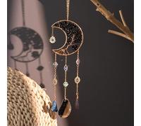 Moon Crystals - Acchiappasogni con albero della vita, gemma naturale in agata da appendere alla parete, per finestre, giardino, decorazione per la casa (nero)