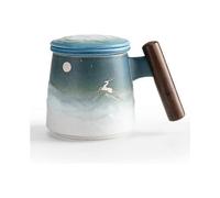 Moon Deer Ceramic Tea Mug with Infuser and Lid Coffee Mug with Strainer and Wooden Handle 14.5 OZ (Black&Blue)