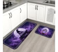 Moon - Set di 2 tappeti da cucina, fantasiosi gotici, cappello da strega, nuvole, Halloween, viola, lavabili, comodi, imbottiti, per lavanderia, ingresso e corridoio