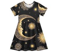 Moon Sun Mandala Nero Ragazze Manica Corta Vestito Bambino A-Line Estate Vestito 2T-8T, Mandala Luna Sole Nero, 3 anni