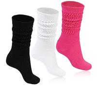 Moon Wood 3 Paia Calze Lunghe Donna in cotone, calze parigine donna,Calzini Alti Scrunch con Effetto Stropicciato, Calzini Slouchy,Nero,Bianco,Rose